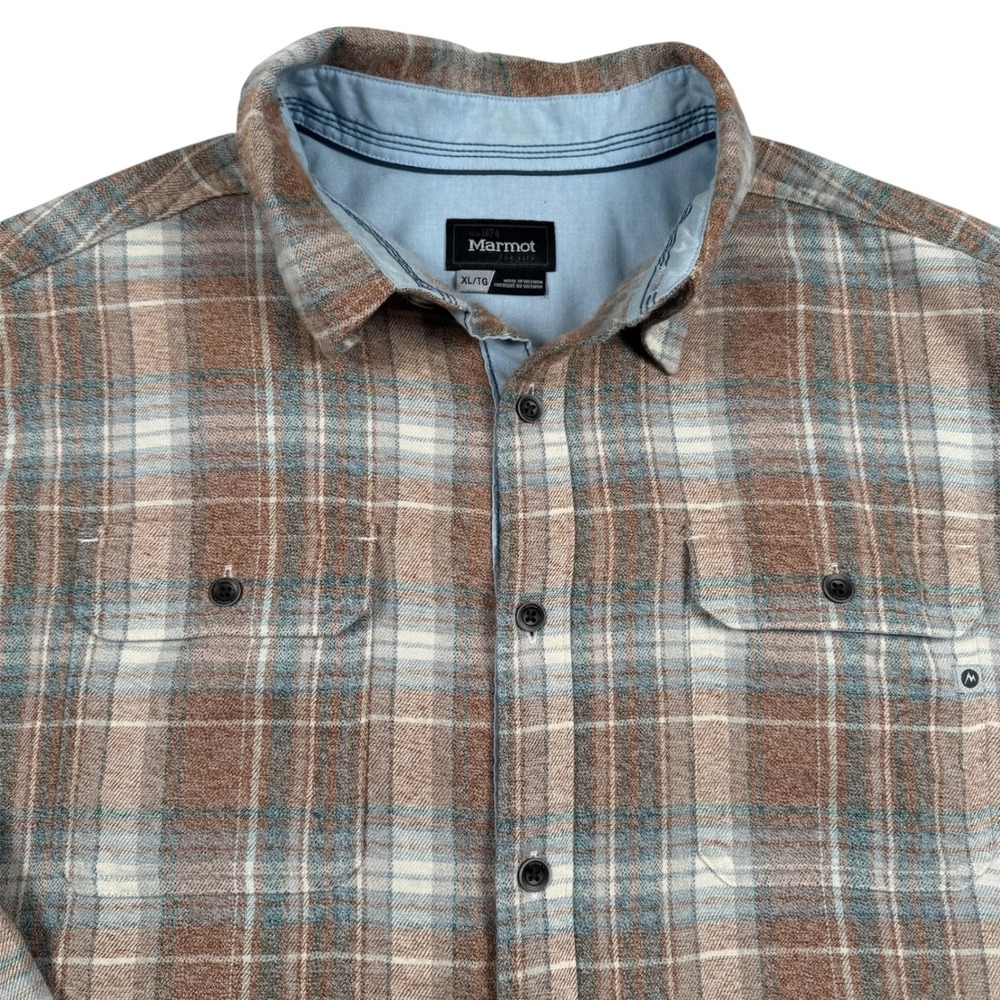 Marmot Flannel Shirt Mens XL Brown Blue Plaid Long Sleeve Button Up I53900
